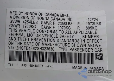 2025 Honda Civic Hybrid Sport/Sport Touring from USA, damaged, VIN 2HGFE4F82SH323630